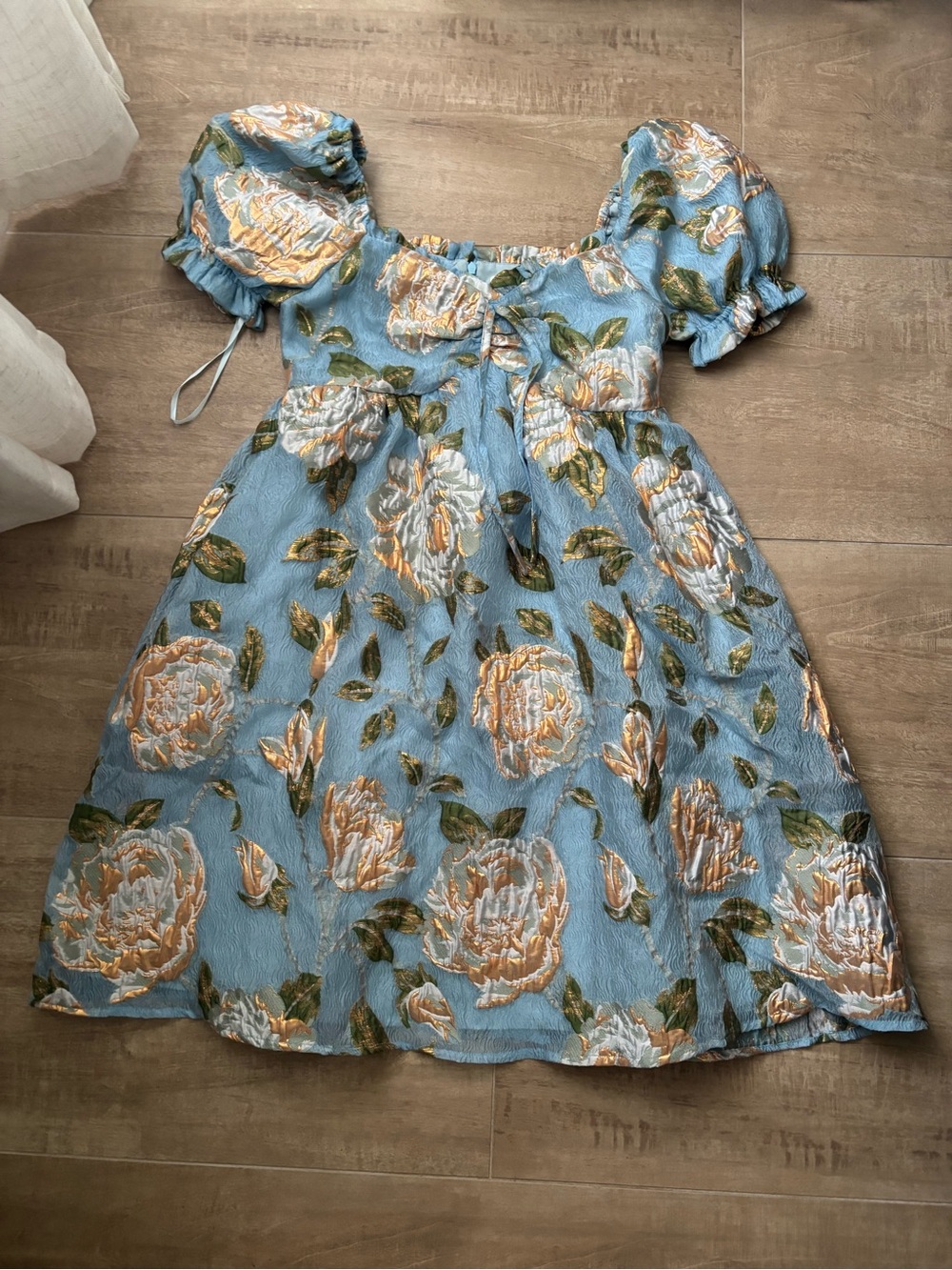 JessaKae Blue Floral Puff-Sleeve Dress with Cream & Green Accents